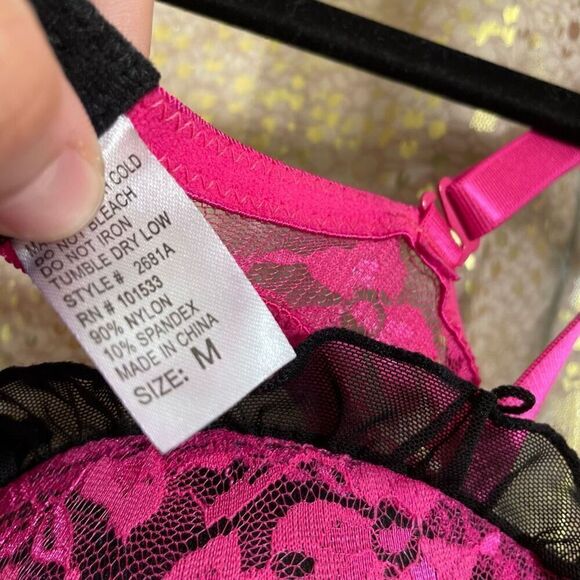 Hot Pink Black Lace Padded Push Up Tie Back Baby Doll Lingerie Med NWOT - Picture 4 of 8